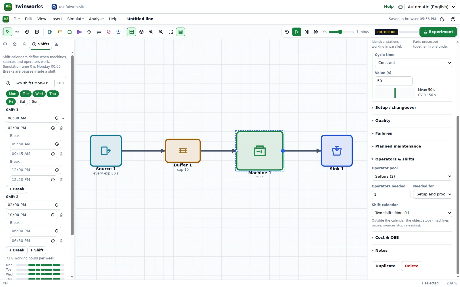 Shift calendar editor with two shifts and breaks